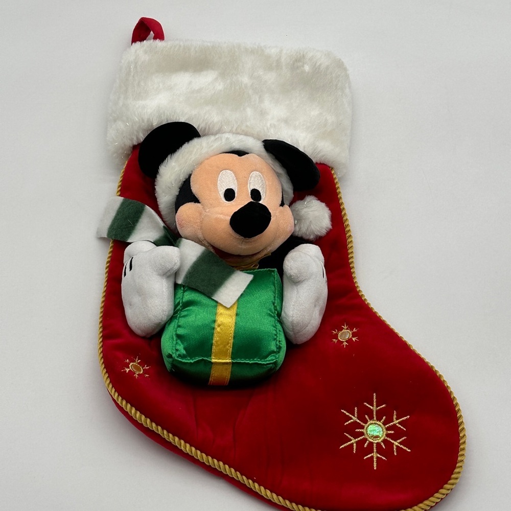 Disney Store Exclusive 3D Mickey Mouse Plush Christmas Stocking Red‎ w/ Present